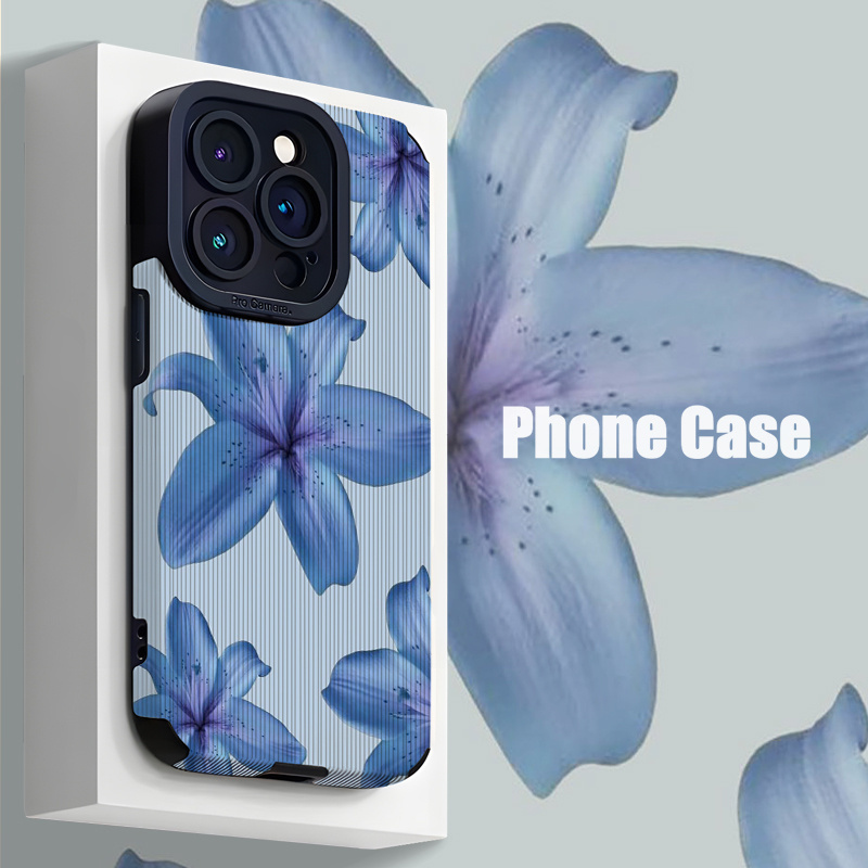 TEMU Phone Case - Blue Elegant Floral Pattern Of Lilies, Suitable For Full-cover Phone Cases For Iphone 16, 15, 14, 13, 12, 11, X, Xr, Xs, 8, 7, Plus