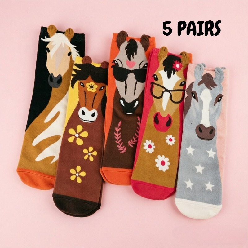 TEMU 5-pair New Year Of The Horse Socks - 3d Horse Ear & Horse Head Mid-calf Breathable Sweat-absorbing Suitable For , Sibling Matching Pony Pattern,