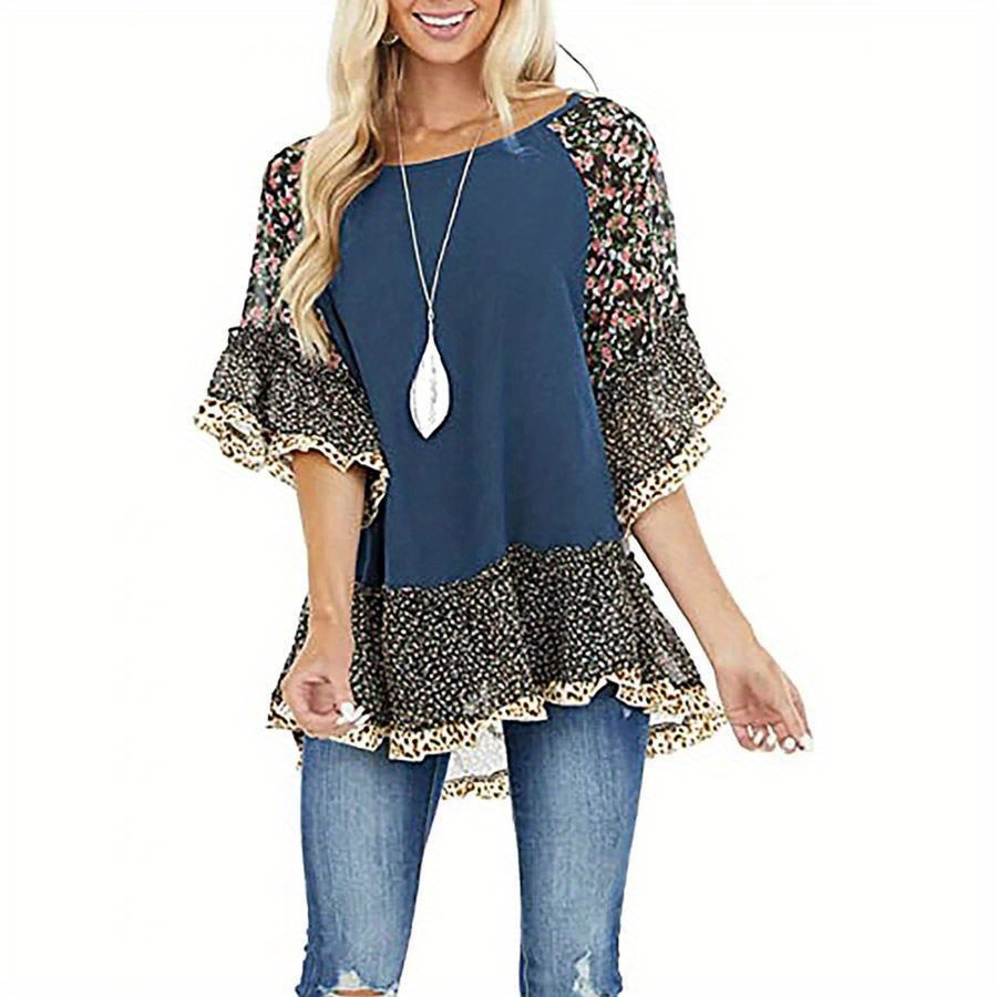 

Women's Casual Floral & Leopard Print Blouse - Half Sleeve, Round Neck, Loose , Machine Washable
