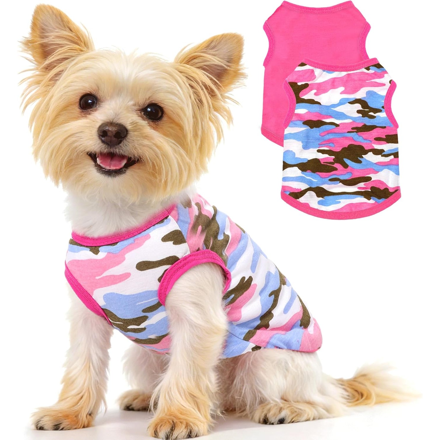 2pcs Chihuahua Clothes Summer Dog Shirt Suitable for Small Dogs Soft Puppy Outfit Camouflage Pattern Breathable Pet Apparel for Yorkshire Terrier Shih Tzu Cats XXS~M Blue Pink Green - Image 6