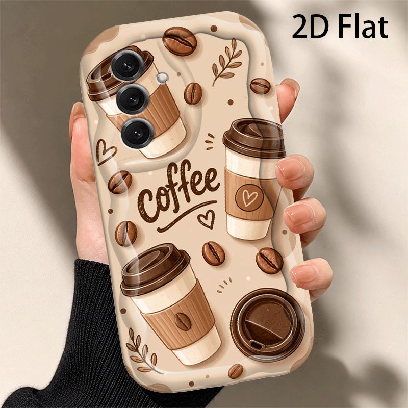 TEMU Phone Case: The Product Is A 2d Image, Not A 3d Image. Wavy Edge Full-coverage Drop-proof Phone Case, Cartoon Coffee Cup, Coffee Beans, Heart,