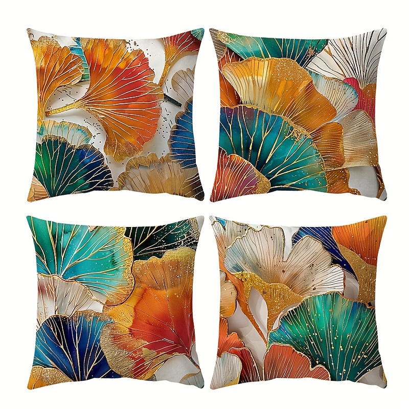 TEMU 4pcs, Golden-trimmed Apricot Leaf Pillowcases, Soft Polyester Fiber, Zipper Closure, Machine Washable, Suitable For Sofa, Bed, Car, Living Room,