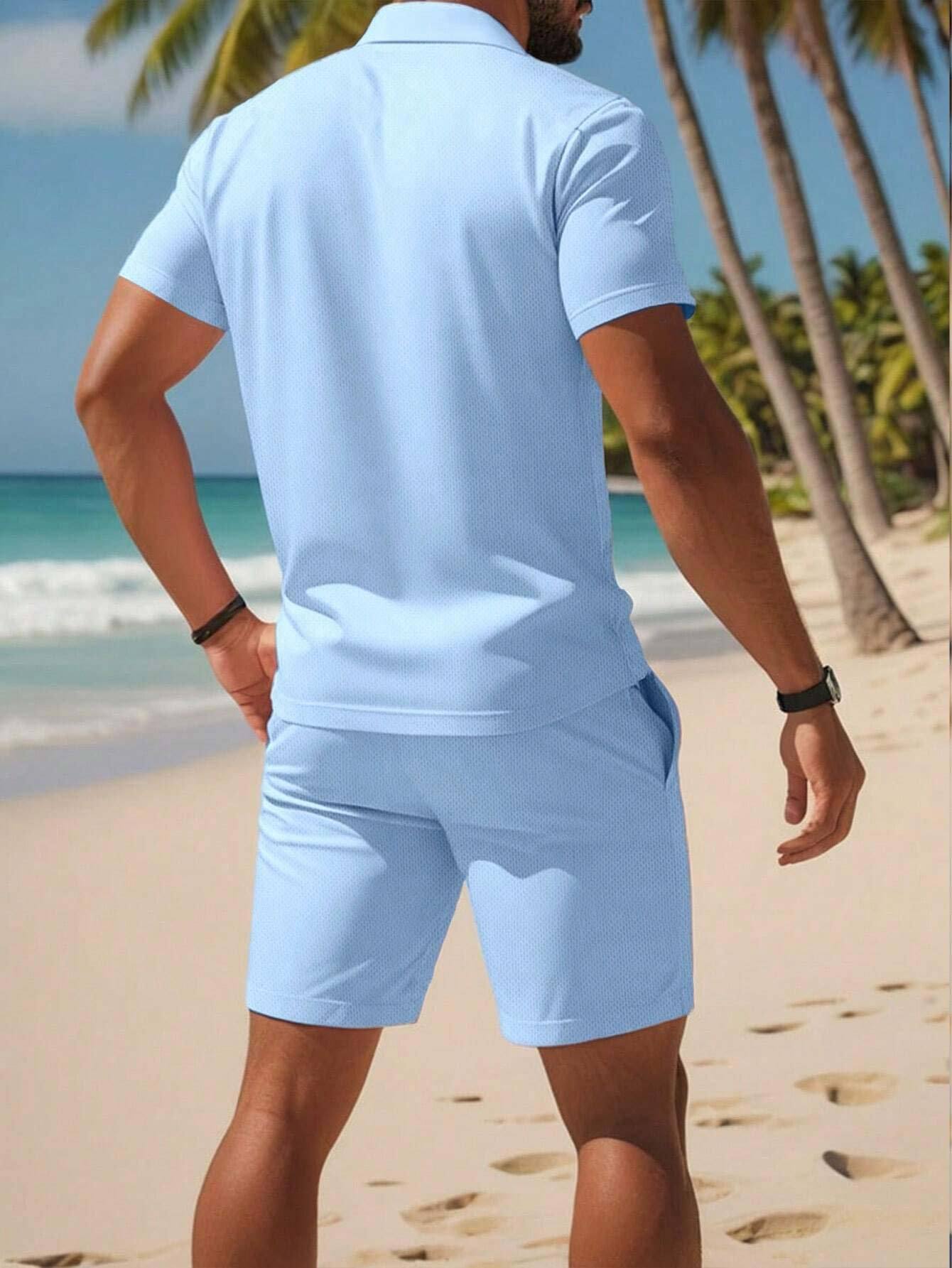 Men's Solid Color Short Sleeve Shirt with Drawstring Shorts Set - Summer Business Casual T-Shirt and Shorts Outfit for Everyday Leisure Wear