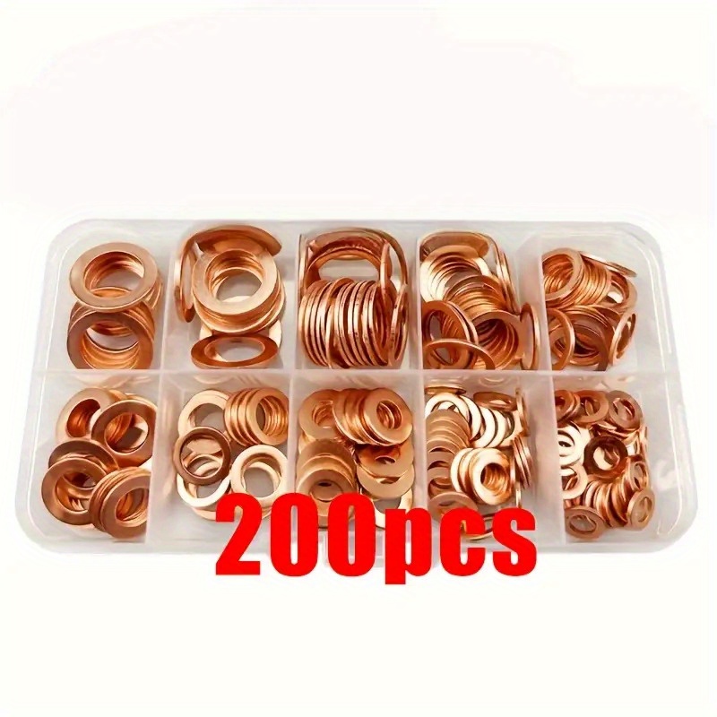 200/100pcs Copper Sealing Washer - Tube Seals With Flat Ring Seals, Nuts And Bolts - Complete Set In Sturdy Box For Applications