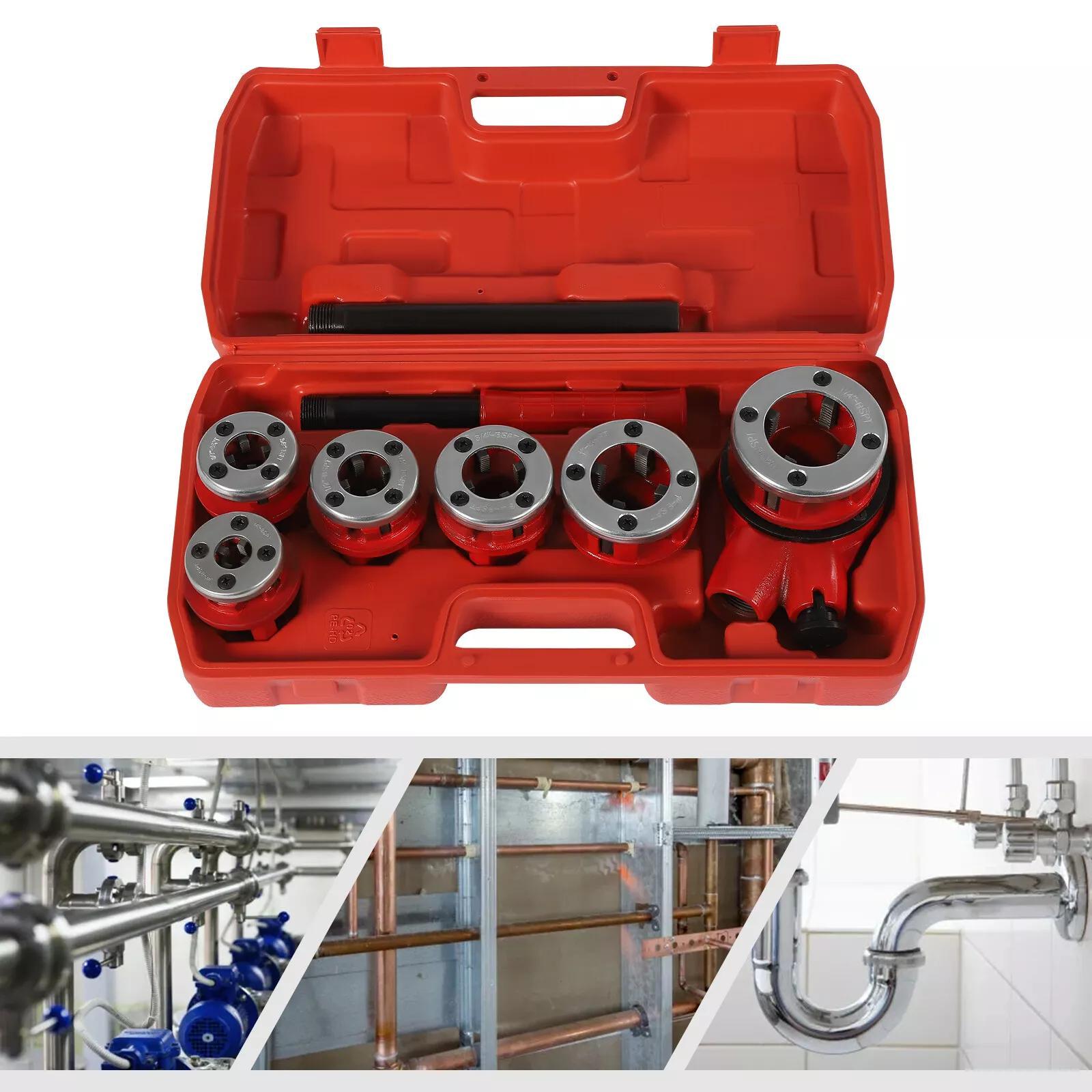 Image of Portable Manual Ratchet Pipe Threading Tool Set Including 6 Dies And A Storage Case