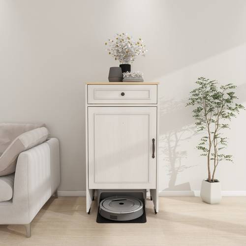 Robot Vacuum Stand Cabinet with Wheels, Sweeping Robot Storage Rack with Doors And Drawers, Side Table for Living Room, Home Office, Kitchen-Antique White
