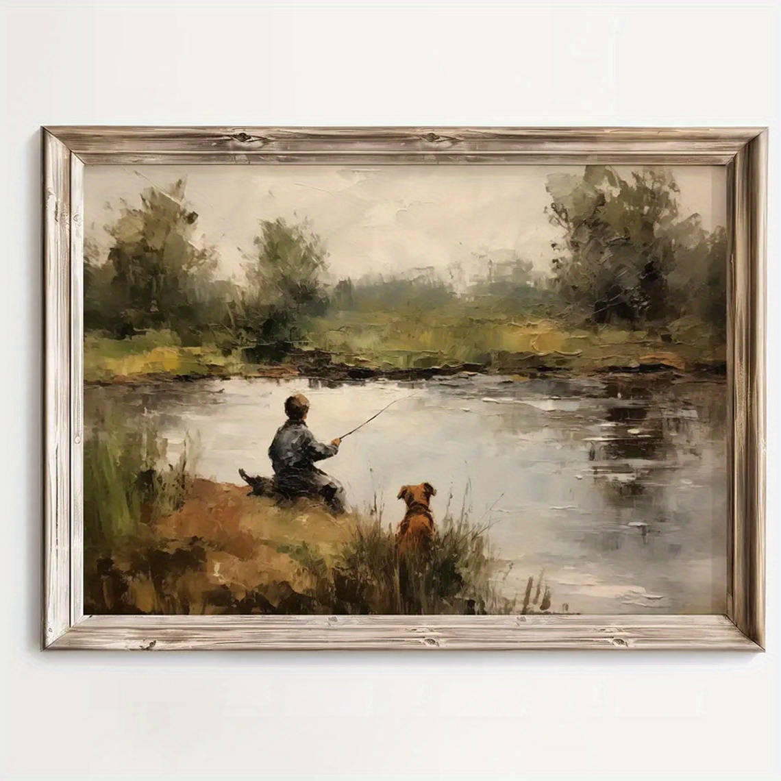 TEMU 2d Flat, 2d Flat, 1pc Wall Art Featuring A Vintage Poster Of A Boy Fishing, Depicting A Lake Scene With A Dog. This Unique And Artistic Canvas