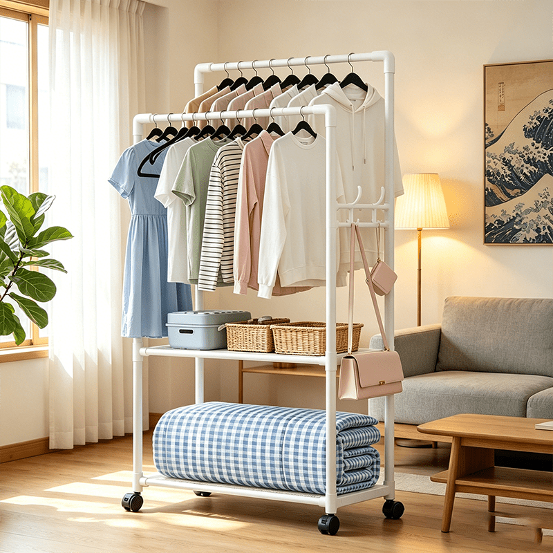 TEMU Double-rod Clothes Rack On Wheels With Storage Shelves And Metal Drying Rack With Side Hooksâa Freestanding, Mobile Clothing Storage Unit