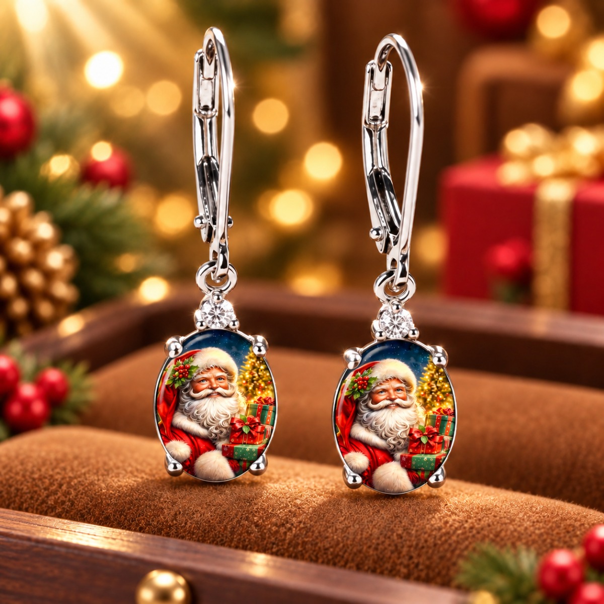 TEMU A Pair Of Ladies' Christmas Santa Claus Pattern Hanging Earrings, Christmas Holiday Gift Pattern Oval Pendant, Winter Festival Earrings, Unique