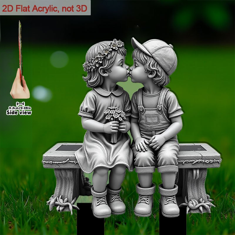 TEMU 2d Flat, [2d Flat] 2d Flat - 1 Outdoor Acrylic Ground Decoration, Suitable For Gardens, Featuring 2 Children Kissing On A Bench, Ideal For