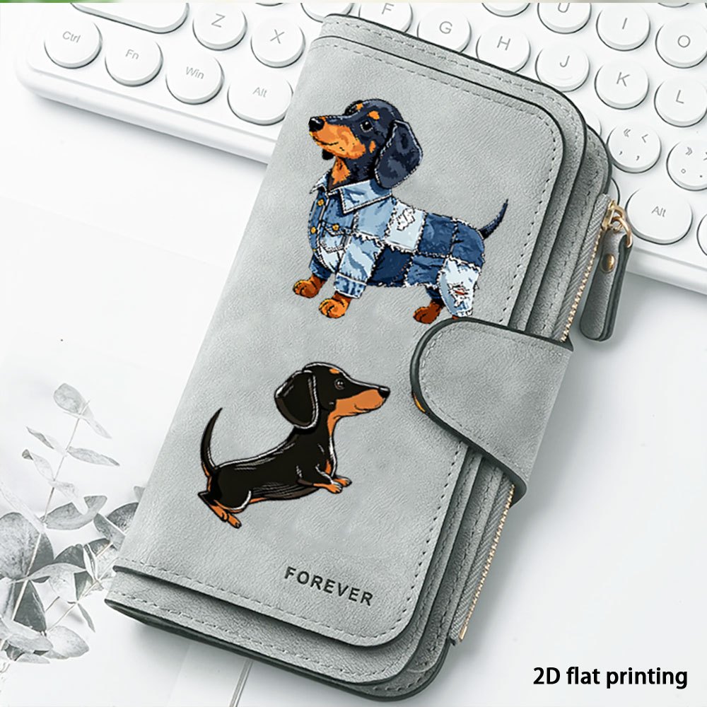 TEMU 1pc Dachshund And Dachshund In Jacket.png Women's Long Clutch Purse, Double Zipper Wallet, Snap Closure, Coin And Bill Pocket, Casual Wallet For