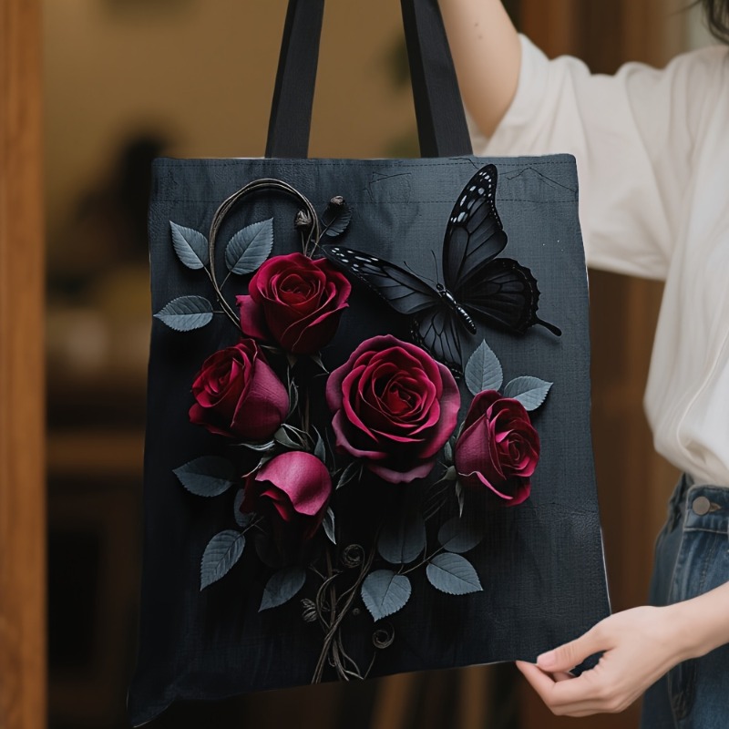 TEMU A Gothic-style Rose And Print Tote Bag, Lightweight Single-shoulder Bag, Multifunctional Shopping Bag, Reusable Bag, Women's Gift, Shopping
