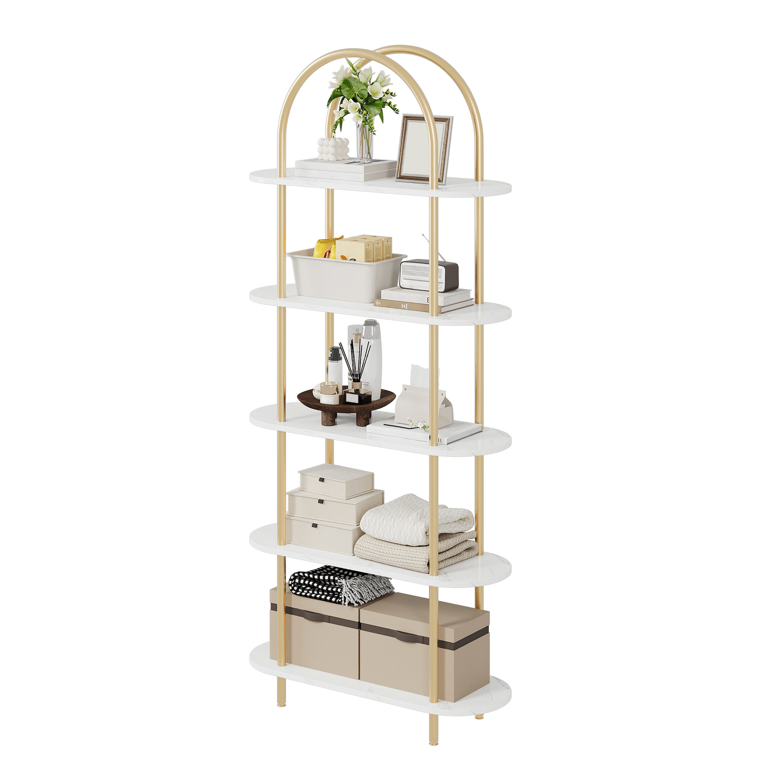 5-tier Arched Bookcase, 71 Inch Tall Urban Book Shelf, Modern Freestanding Shelving Unit Storage Organizer With Metal Frame, For Living Room, Bedroom, Home Office