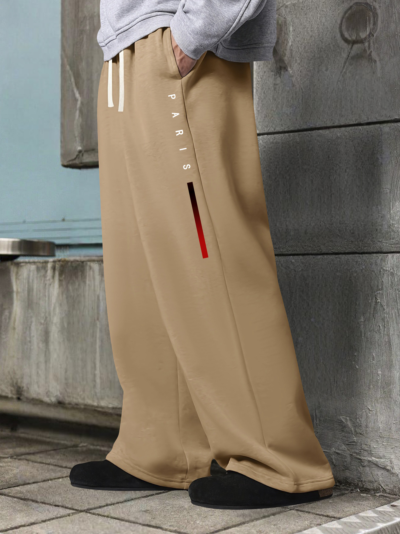 Men's Streetwear Paris Vertical Stripe Print Wide Leg Pants - Maroon All-Season Casual Trousers with Elastic Drawstring Waist, Loose Fit for Beach Vacation, Golf, Camping, Commuting - Gift for Boyfriend Husband, Urban Style Pants, Travel Clothing, Trendy Design, Quality Stitching, Stylish Bottoms, Fashionforward Men, Outdoor Activities, Durable Material, Outdoor Enthusiasts