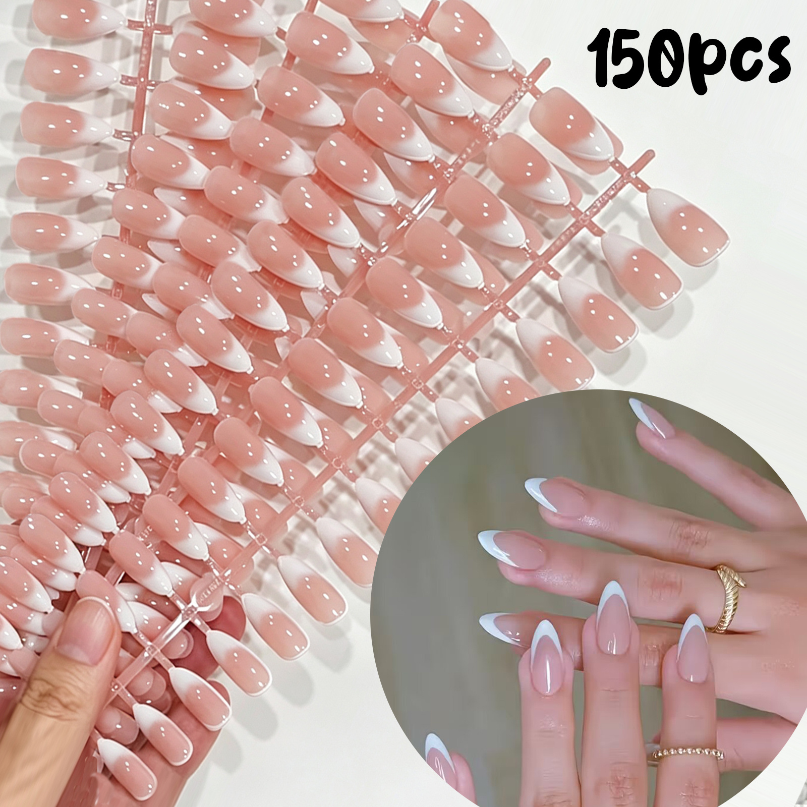 TEMU 150pcs Set Classic White Pre-shaped Nail Tips, Nude Pink Base White Glossy Front Edge Semi-finished False Nails, Nail Salon Diy Secondary