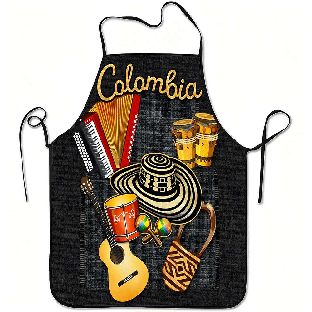 TEMU 1 delantal impreso 2D con instrumentos culturales colombianos - Diseños de la y instrumentos , de tela de poliéster duradera y fácil de limpiar,