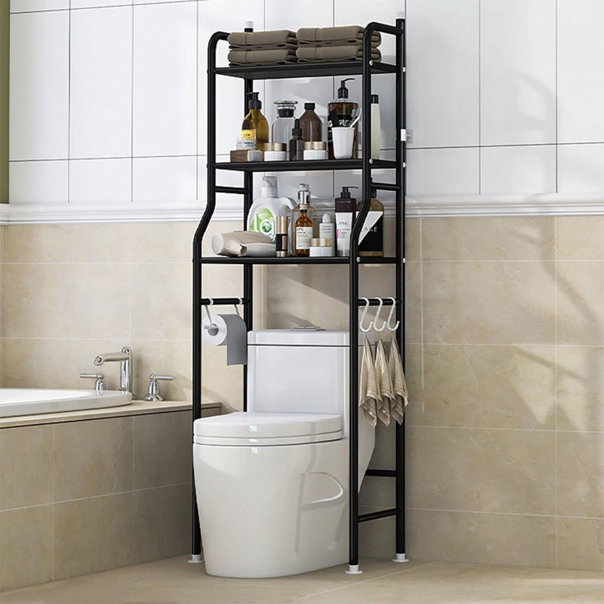 TEMU Modern 3-tier Bathroom Storage Cabinet | Freestanding Organizer With Towel Rack For Over Toilet, Shower, Or Sink, Powder-coated End, Utility