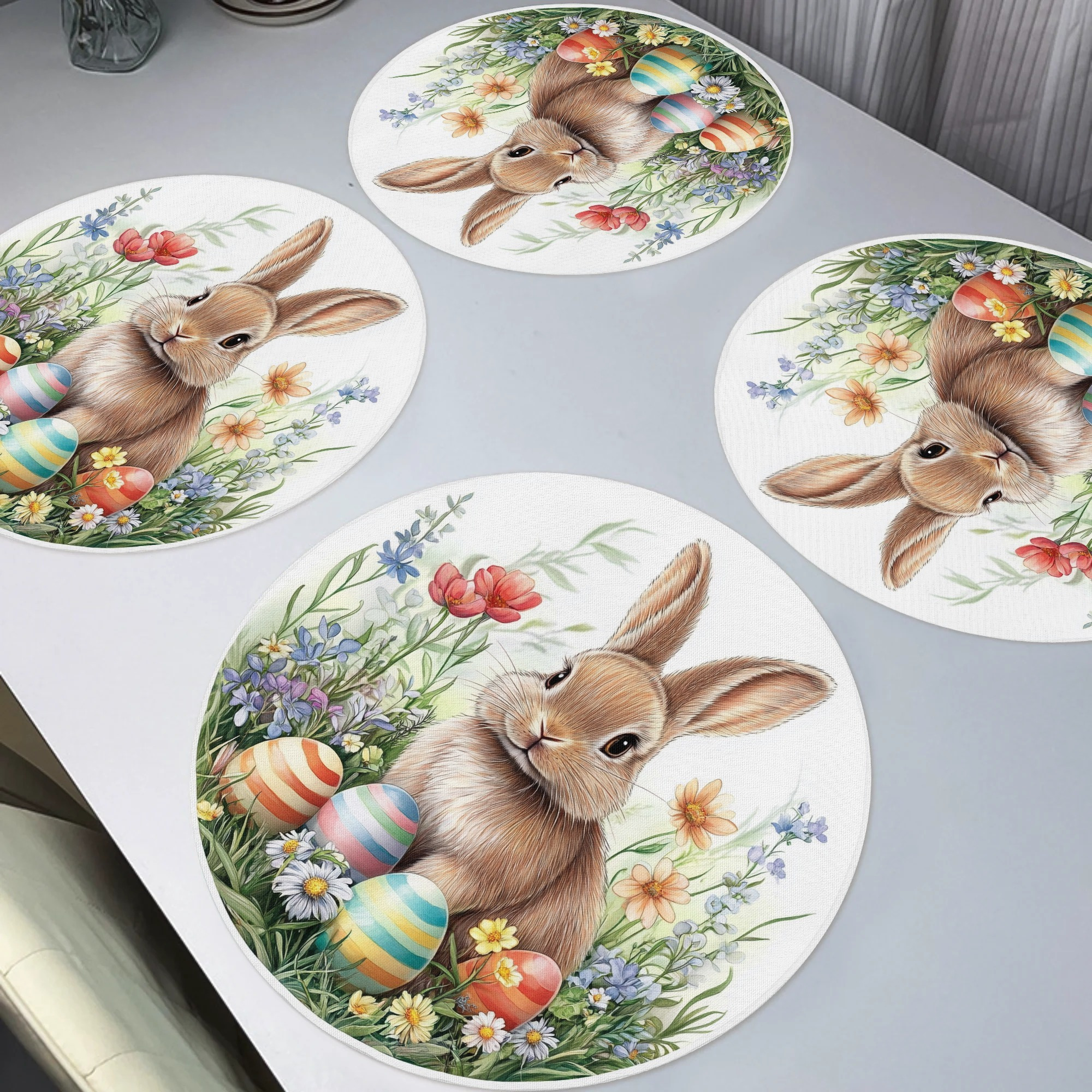 

4pcs Set Spring Rabbit & Floral Easter Egg Placemats - Colorful, Non-slip, Washable Round Table Mats For Home Decor, Daily Use, Holidays, Kitchen Parties & Dining