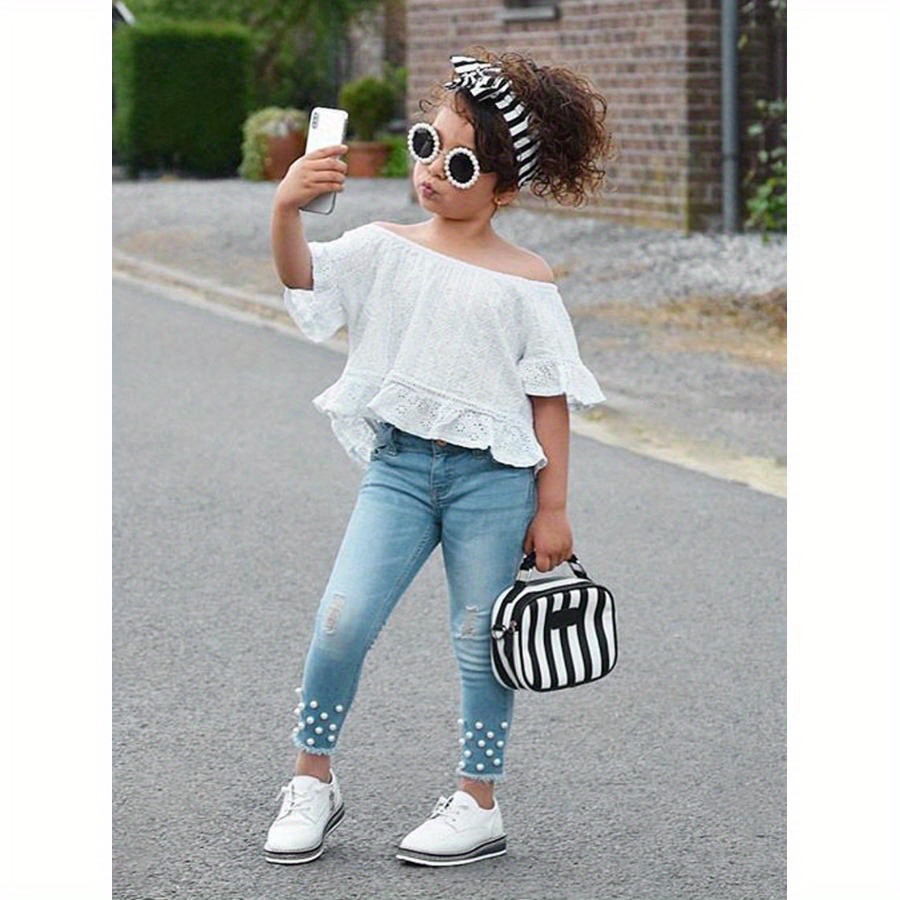 

Toddler Kids Outfits Off Shoulder +distressed Pants Summer Clothes