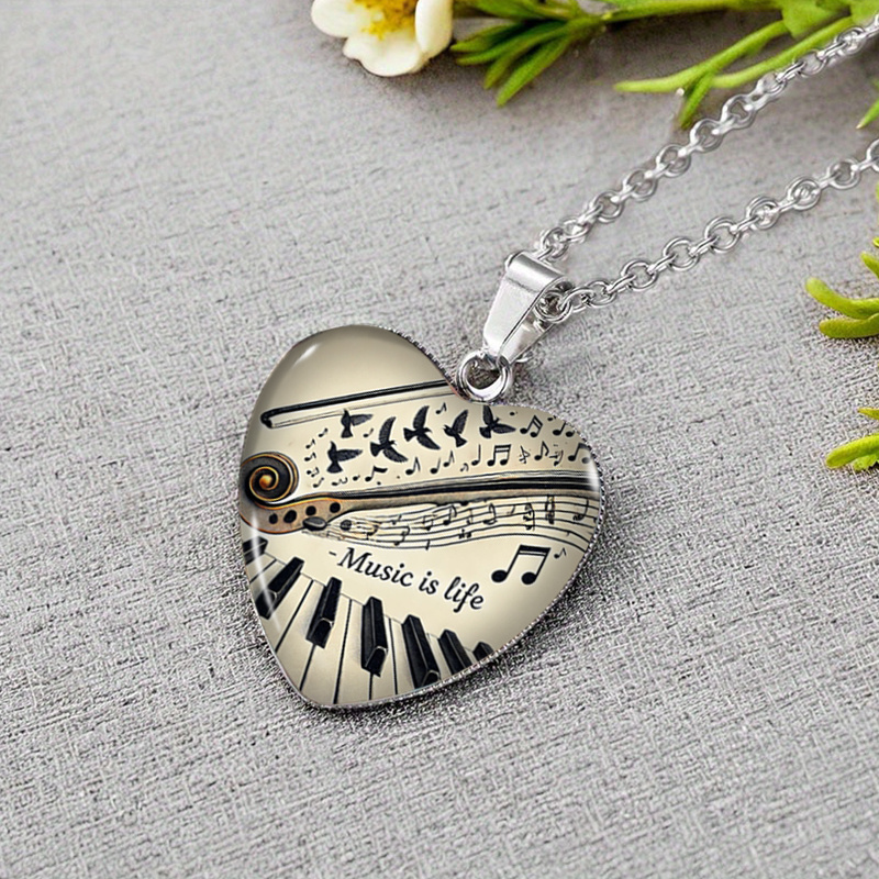 TEMU 1 pièce Collier de cœur « La musique de piano, » avec pendentif en de verre, bijou artisanal pour homme