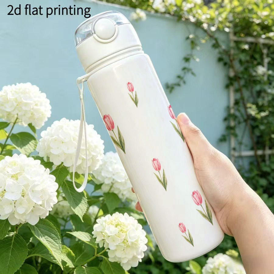 TEMU 1pc 750ml 2d Printed Plastic Water Bottlewith Lanyard 25oz Leakproof Light Pink Tulips With Green Leaves On A Soft Pale Background In A Gentle