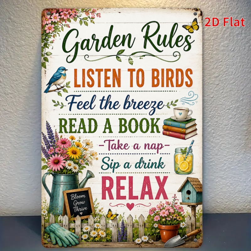 TEMU 2d Flat, [2dflat], 1pc 11.81x7.87inch- Garden Rules Listen To Birds Relax Iron Sign, Rustic Metal Plaque, Patio Backyard Greenhouse Wall Decor
