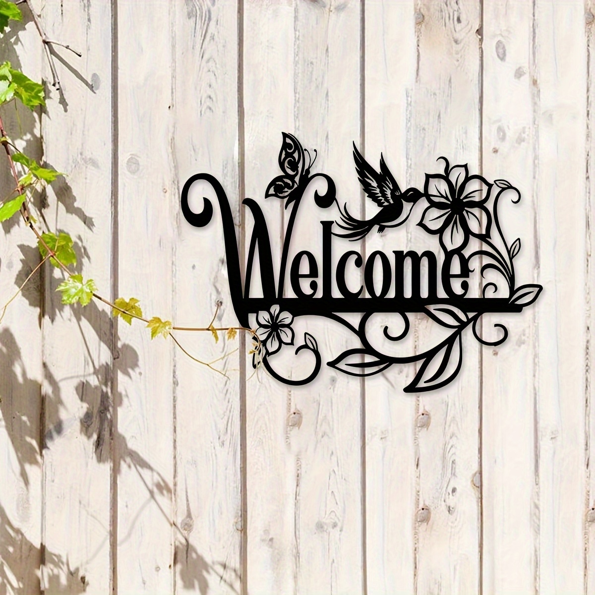 E-shop 1 Stück Metall Willkommensschild Wandskulptur - Lebendige Outdoor-Gartenkunst mit , Blumen & Schmetterlingen, Langlebige Metall-Wanddekoration