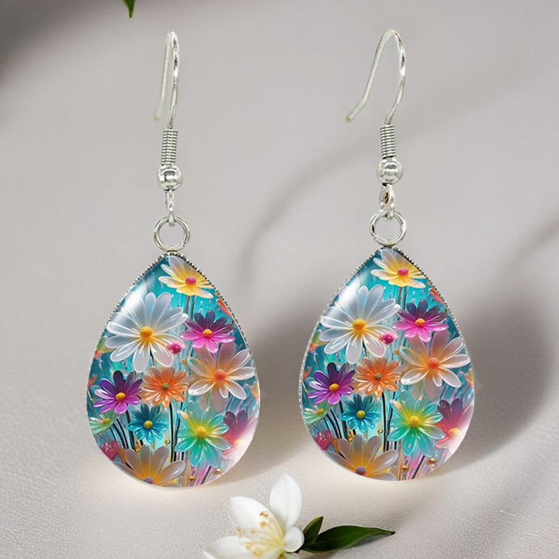 Elegant Colorful Daisy Flowers Pattern Tear Drop Glass Cabochon Fish Hook Earrings Fashion Stainless Steel Earrings Jewelry Accessory Gifts