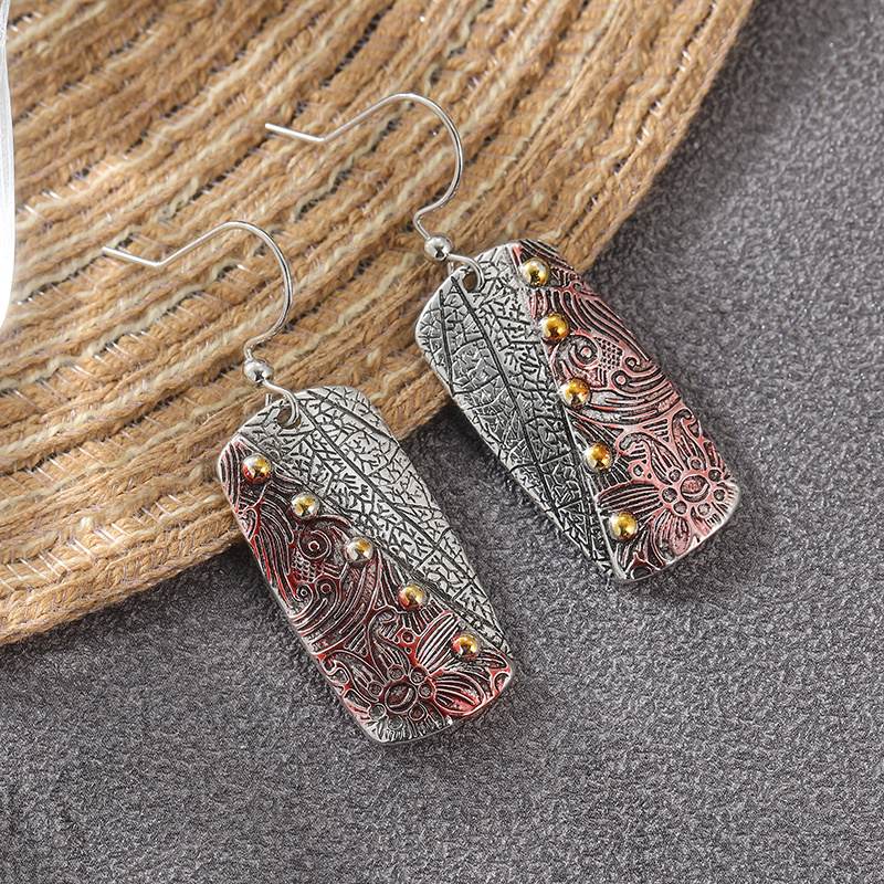 Ethnic Rectangular Three-Color Carved Flowers Dangle Earrings