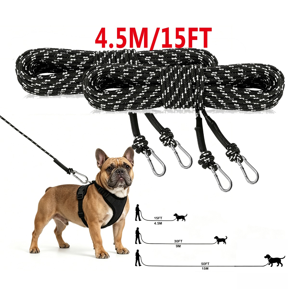 TEMU 1/2/3pcs 4.5m/9m/15m Long Reflective Dog Training Leash, Heavy Duty Anti-break Dog Tie Out Rope With Double Carabiners, Outdoor Backyard Walking