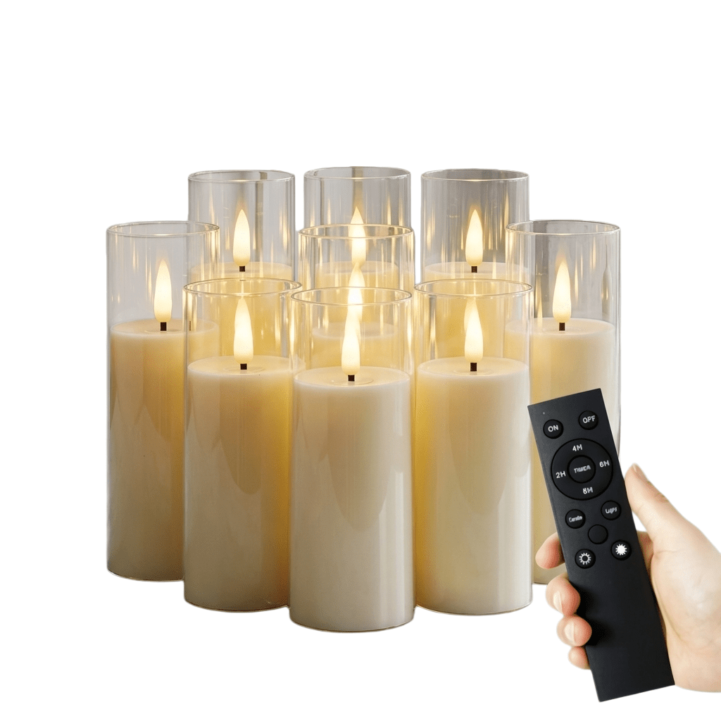 TEMU Set da 9 candele decorative a LED trasparenti con telecomando, luci di candela senza fiamma con tremolio e paralumi in acrilico per desideri,