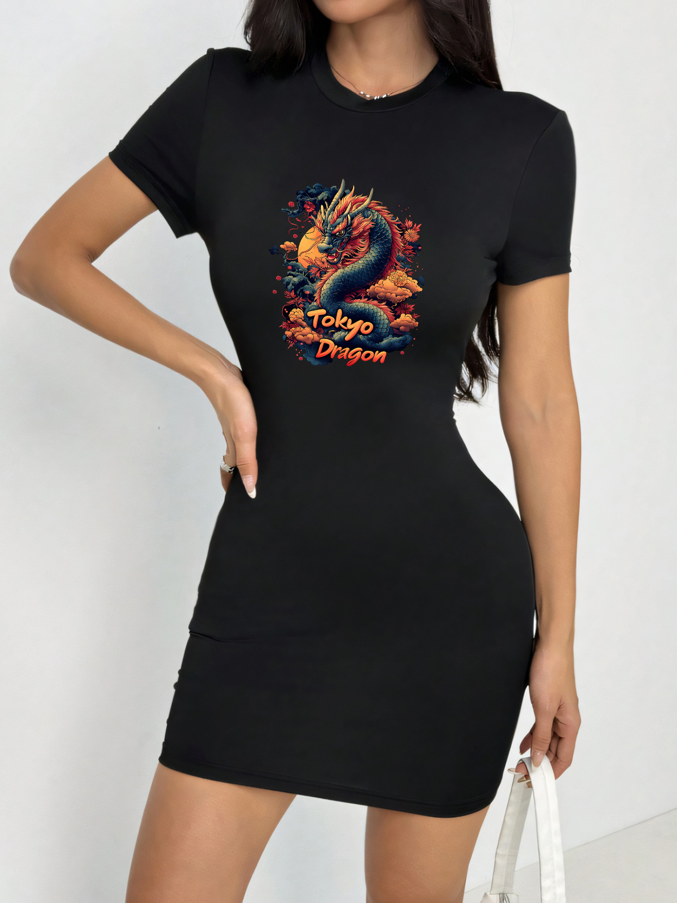 dragon print bodycon dress Sosana - Sleeveless Dragon Print Slim-Fit Asymmetric-Hem Midi Bodycon Dress