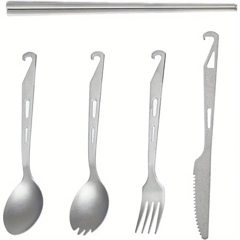 titanium camping utensil set 5pcs lightweight knife spork and chopsticks for backpac backpacking , hiking gear, backpacking essentials, mini utensils, spork design, , material, spoon, portable cutlery, travelers, tent jul mekfat Product details 0