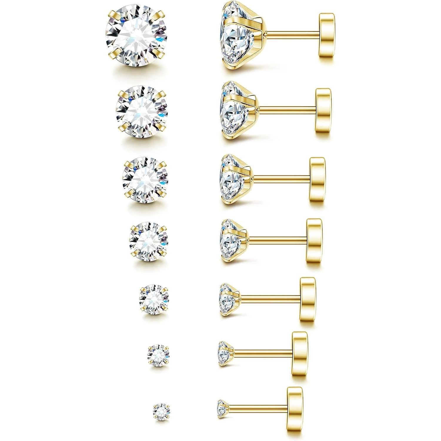 Image of 2d Flat - 7pairs 20g Hypoallergenic Flat Back Earrings For Women Men Stainless Steel Stud Earrings Birthstone Cubic Zirconia Studs Surgical Steel Cartilage Earrings For Sensitive Ears