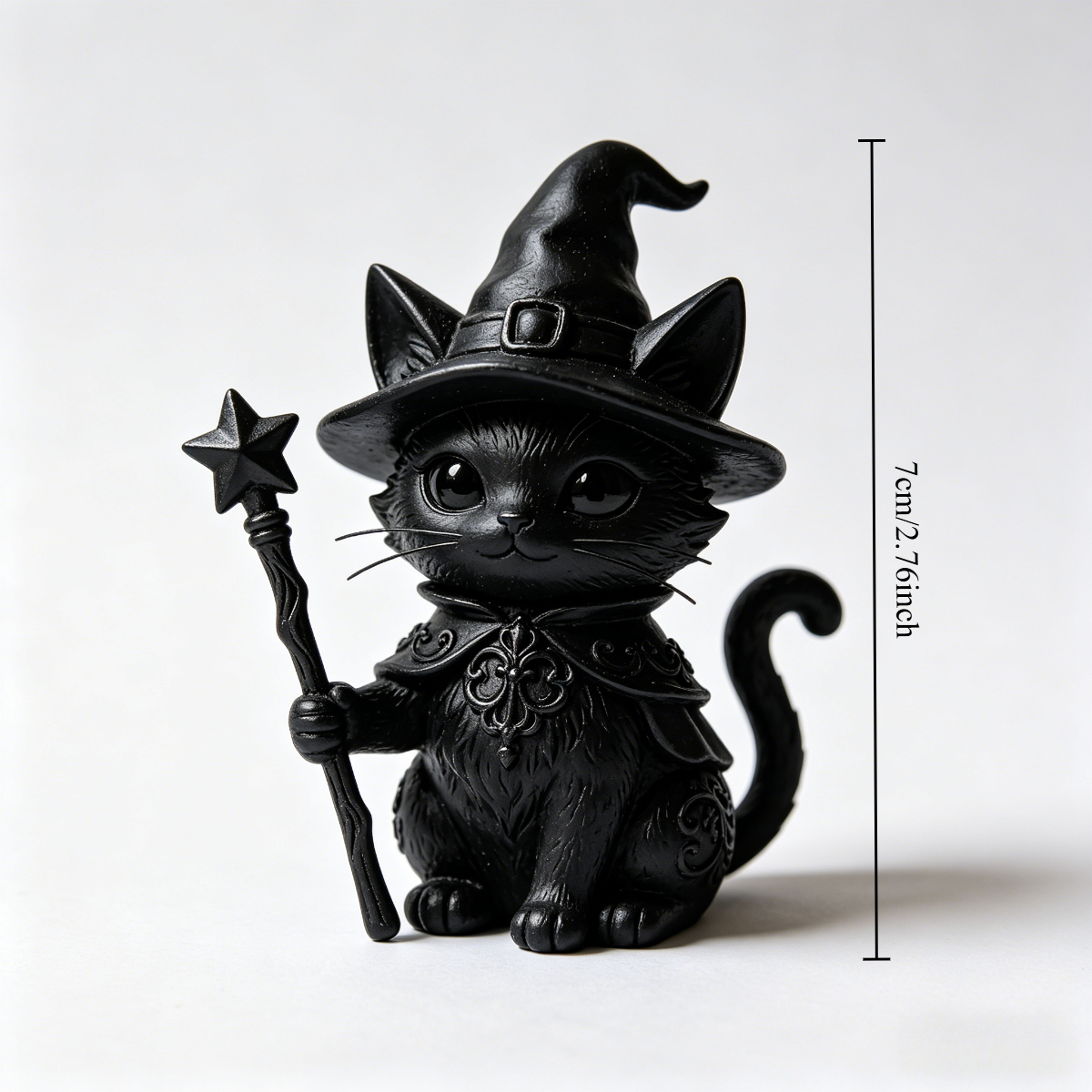 Image of Black Witch Cat Statue, Resin Mini Figurine With Magic Wand, Gothic Black Cat Sculpture For Garden, Desk, Shelf, Halloween Decor & Witchcraft Gift