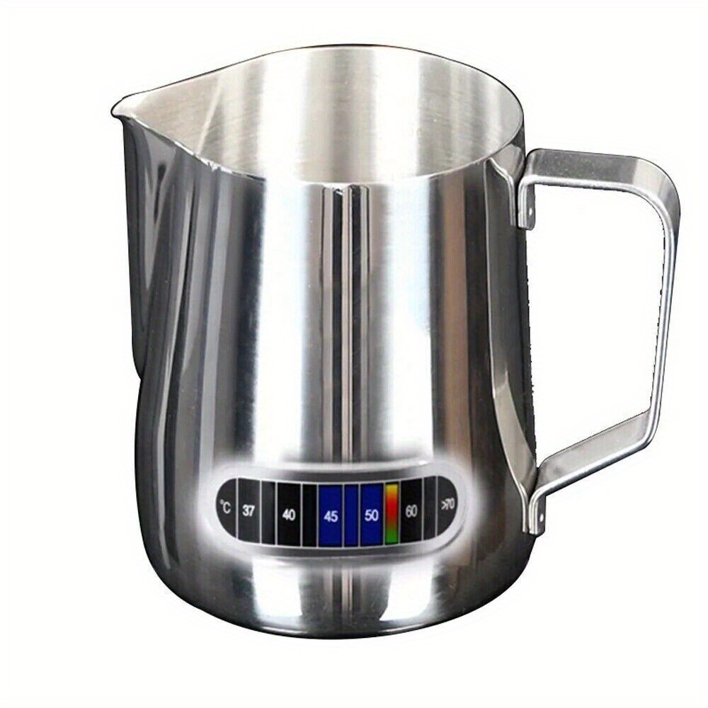 TEMU 1pc Coffee Milk Frothing Jug Frother Latte Container Metal Pitcher With Thermometer