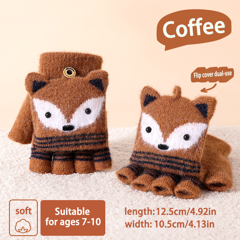 Image of Winter Half-finger Flip-cover Cartoon Knit Warm Fleece Open-toe Cute Boy Girl Cold-proof Gloves
