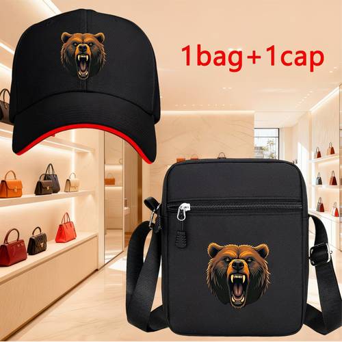 item picture a set bear head casual peaked cap and shoulder bag set lightweight outdoor crossbody bag kit