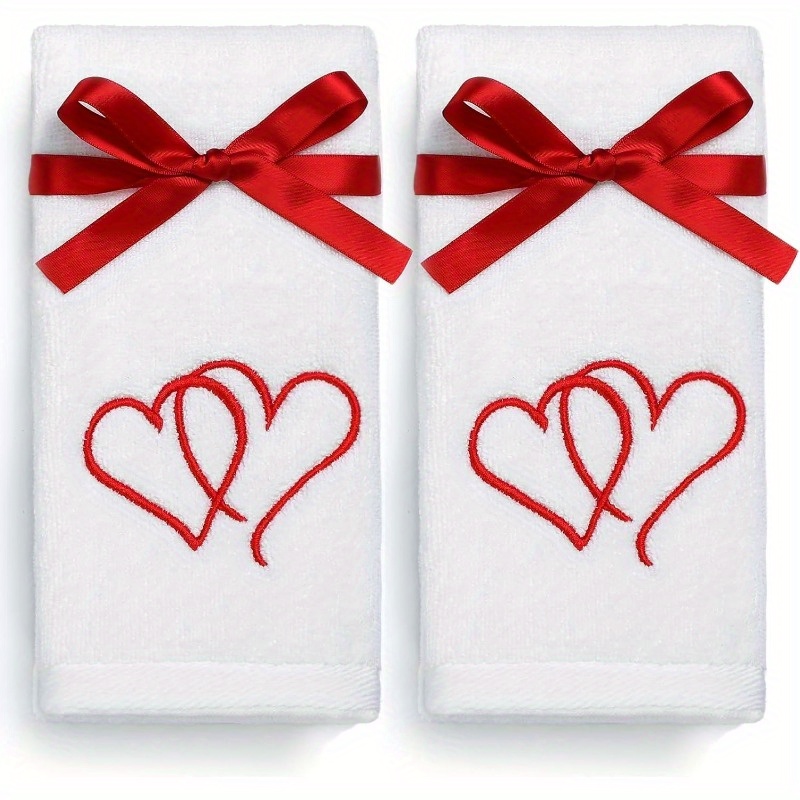 

Set Of 2 Valentine's Day Embroidered Red Towels, 18x26 Inch, Super Polyester Dish Cloths, Contemporary Style, Machine Washable, Themed Hand Towels For Home Decor