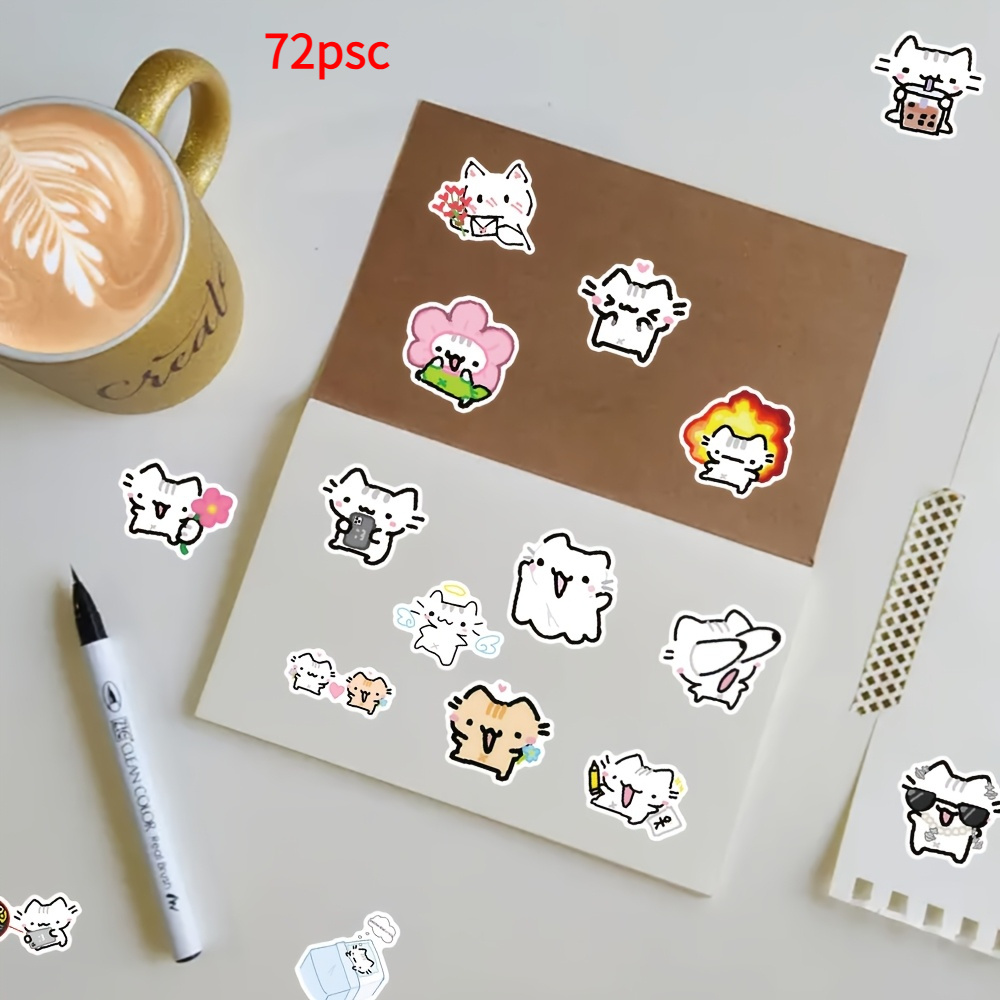 72pcs Cute Cartoon Cat Stickers - Waterproof, Durable Pvc Decals For Water Bottles, Laptops, Phones, Scooters, Guitars, Suitcases, Scrapbooks & Helmets | Optimistic Cat Designs | High-quality Vinyl