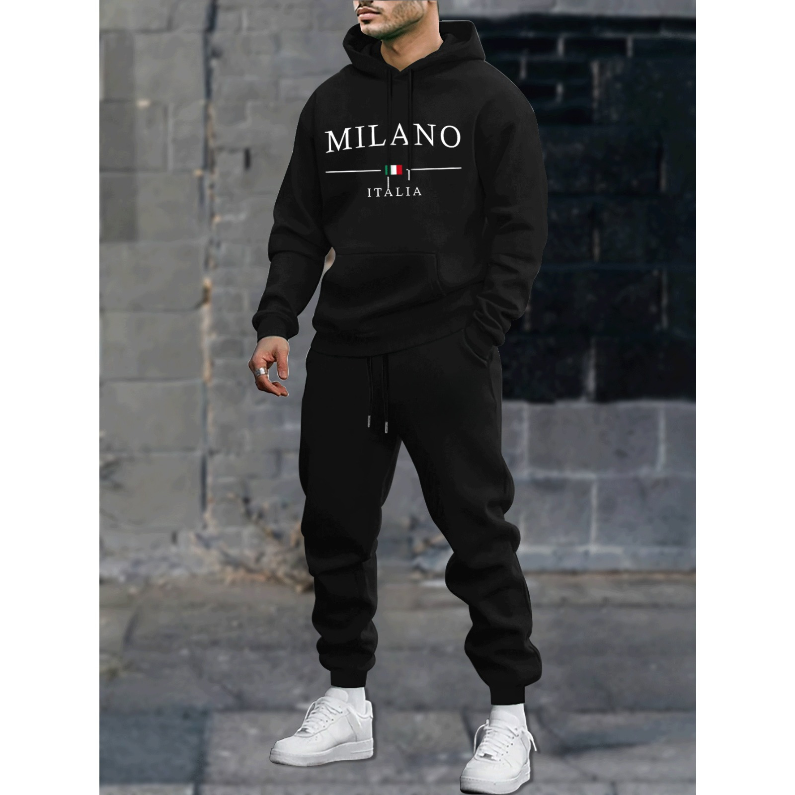 

1pc Men's Fleece-lined Hoodie & Jogger Set - " Italy" Print, Soft Polyester , Drawstring Pants With Pockets, Machine Washable - Ideal For All , Sports, Golf, Fitness, Black