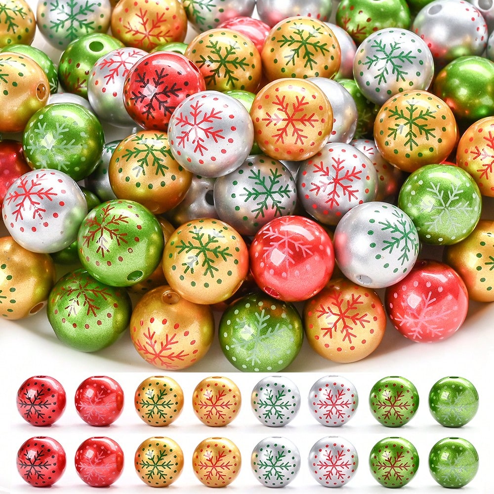 TEMU 10pcs 16mm Christmas Multicolor Snowflake Printed Round Beads, Diy Bracelet Necklace Earring Making Loose Beads, Suitable For Keychain And