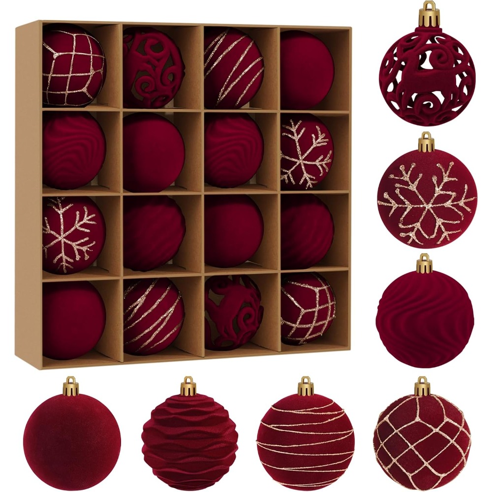 TEMU Set di 16 di velluto per decorazioni natalizie, in plastica inamovibili per albero di Natale foderate da 6 cm per decorazioni invernali per il