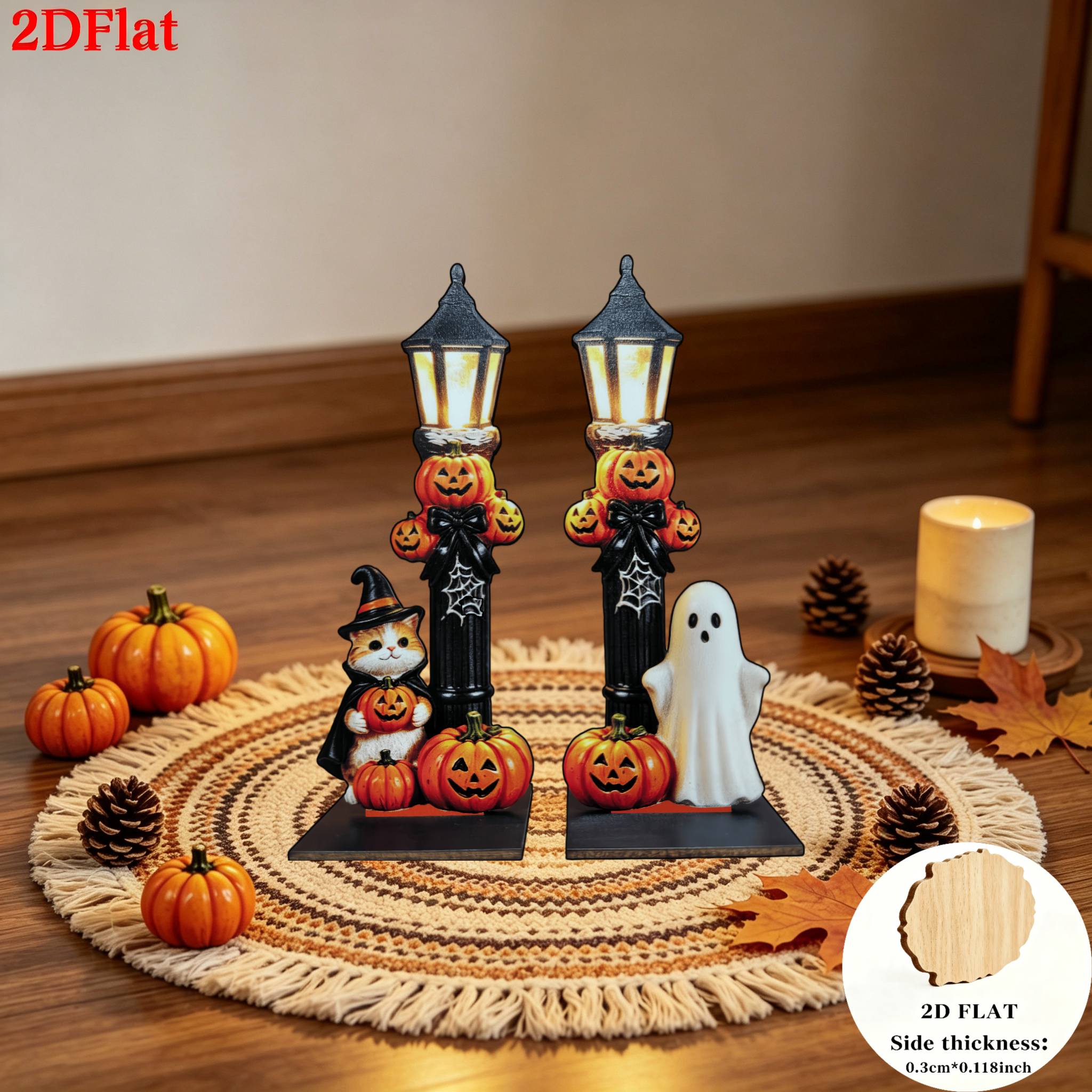 TEMU Plat 2D, Plate 2D, Lot de 2 Ornements en Bois Vintage Chat d'Halloween avec . sont Ornés de Lanternes Citrouilles Souriantes, de Nœuds Noirs et