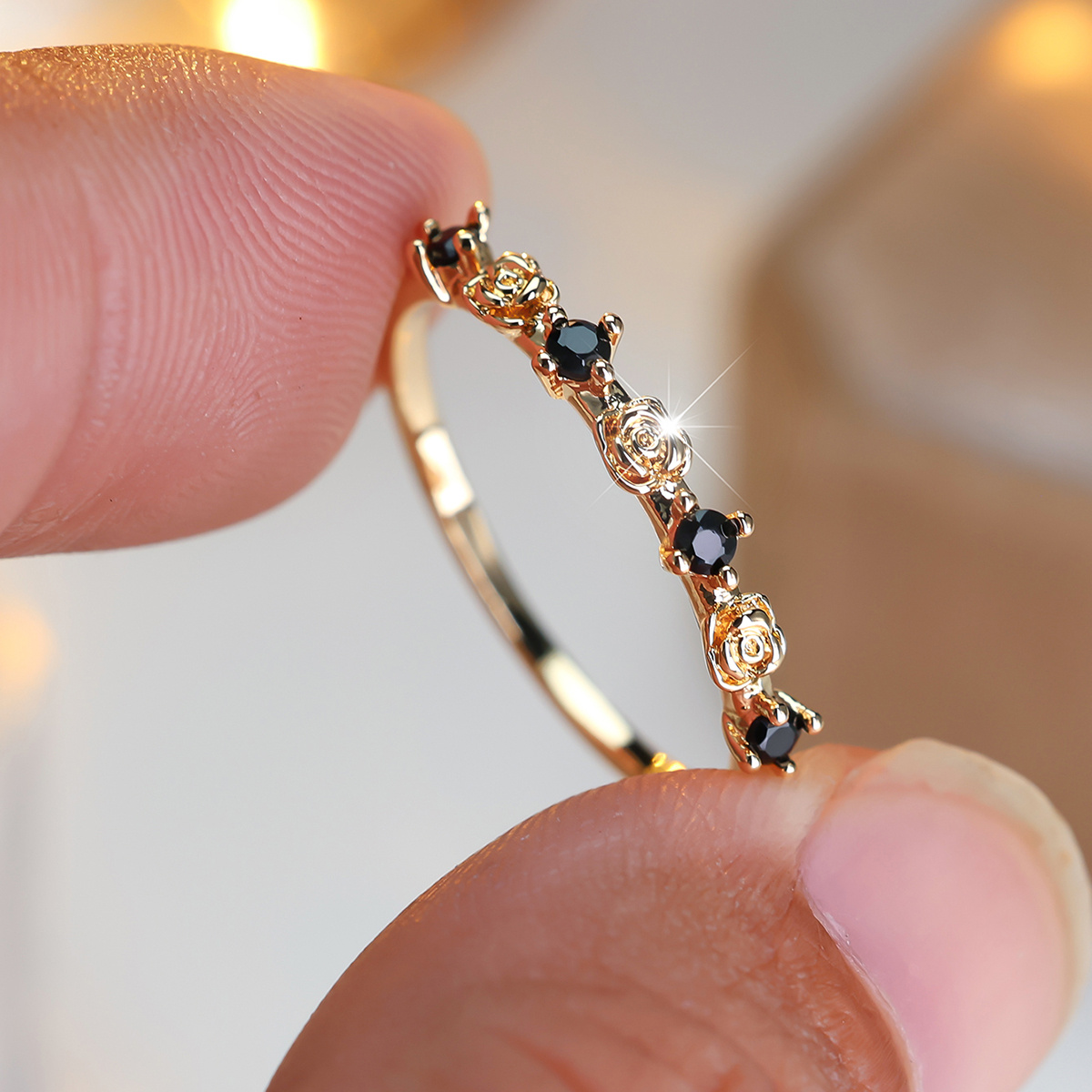 Women's Vintage Delicate Rose Stackable Band with Zirconia Inlay