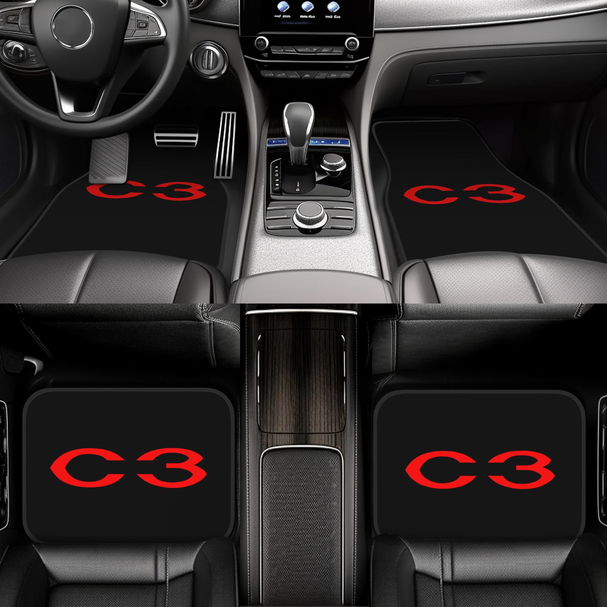 TEMU 4 pièces Tapis de sol de voiture, Ensembles de tapis de sol rouges pour camion de voiture avec impression de C3, Ensemble de tapis de sol et