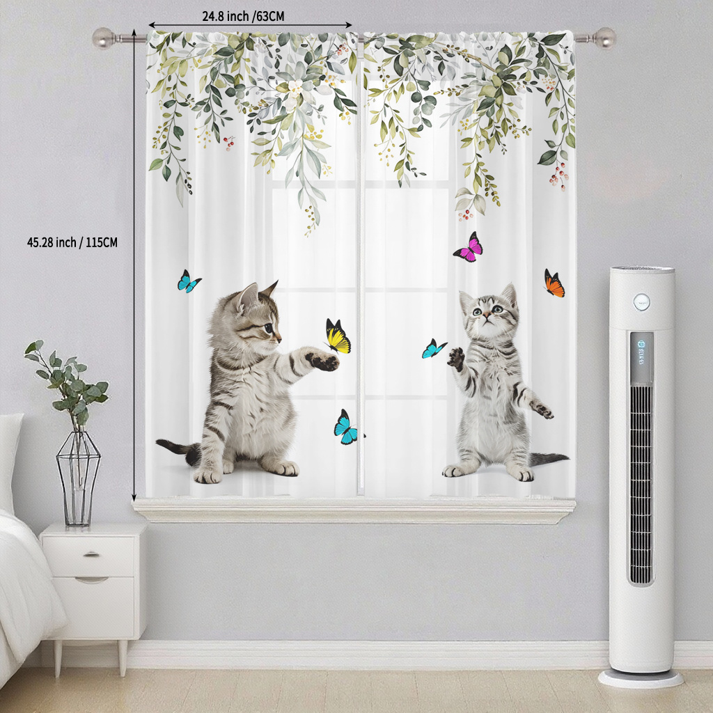 TEMU Plat 2D, Lot de 2, Voilages de Petite Taille, Plantes d'Été, Feuilles, Animaux, Chaton, Papillons, , Amusant, Voilage de Petite Fenêtre en Fibre