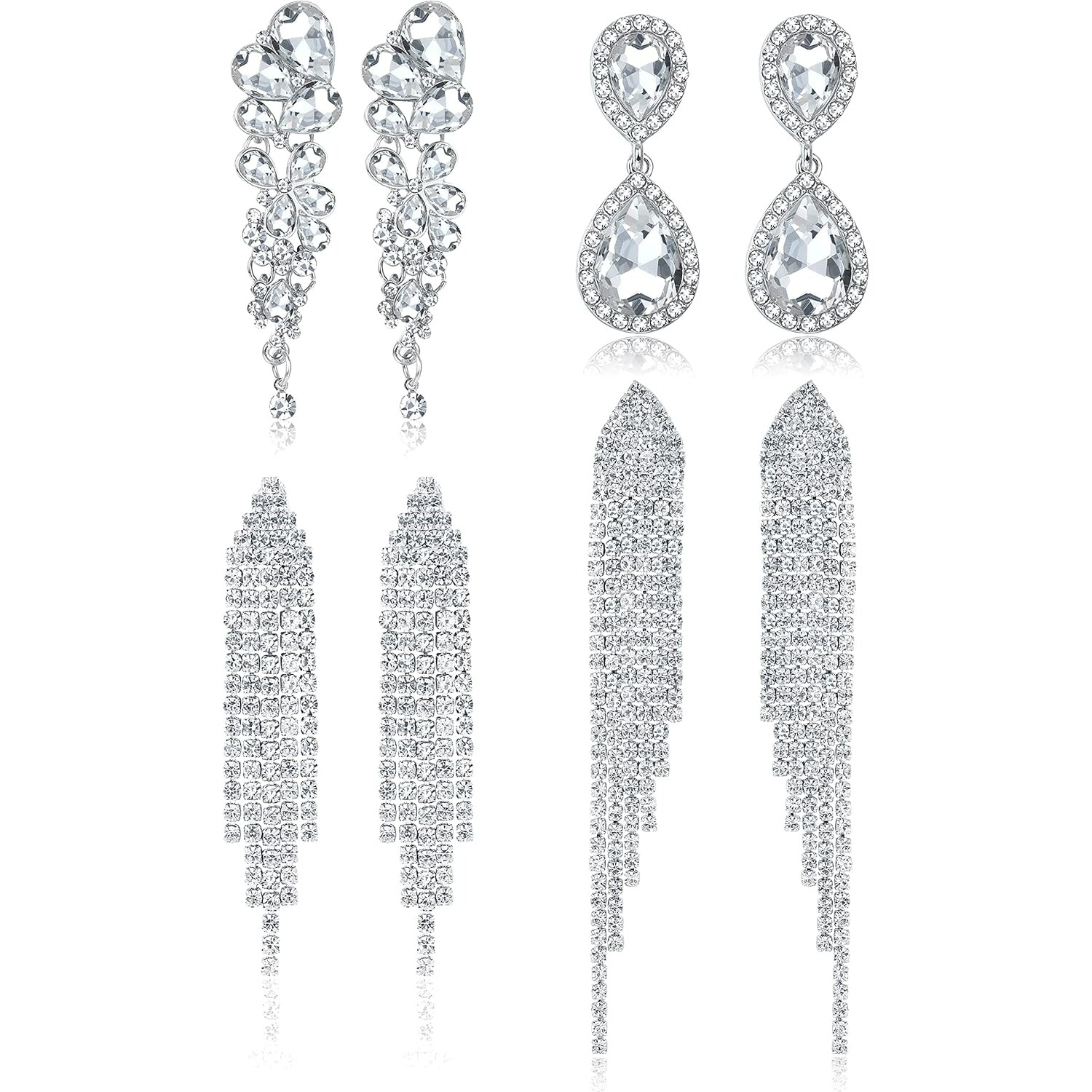Image of 4 Pairs Clip On Earrings For Women Suitable For Brides & Bridesmaids - Sparkly Rhinestone Teardrop Dangle Earrings With Tassel, Non-pierced Wedding Prom Jewelry, Daily Wear (4-pair Value)