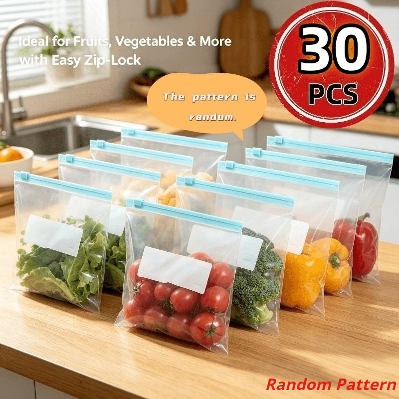 TEMU 30-pack Large Reusable Zipper Bags, Random Patterns, Food Classification Storage Bags, Refrigerator , Kitchen Essential Sealed Bags, Food