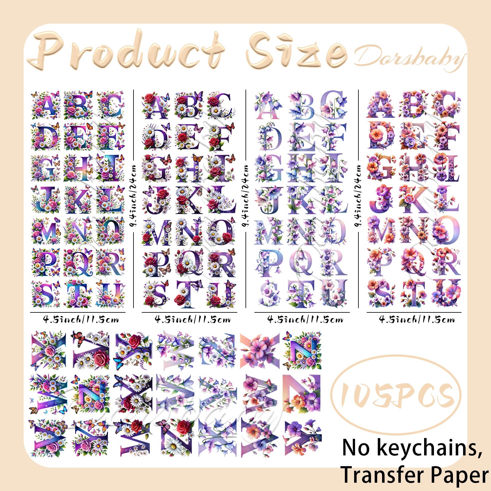 Image of 105pcs/set Spring Floral Alphabet Uv Dtf Transfer Stickers For Keychain, Cups, Bottles, Crafts, Diy Art - Easy To Apply Diy Crafts High Uv Dtf Transfer Paper(no Keychain, Stickers Only)
